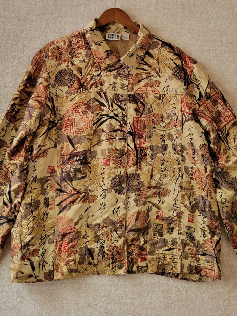 Vintage Chico’s Design Silk Blend Asian Floral Calligraphy Jacket Wearable Art 3